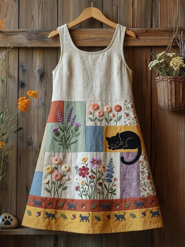 Women's Cat Flower Linen Patchwork Printed Dress