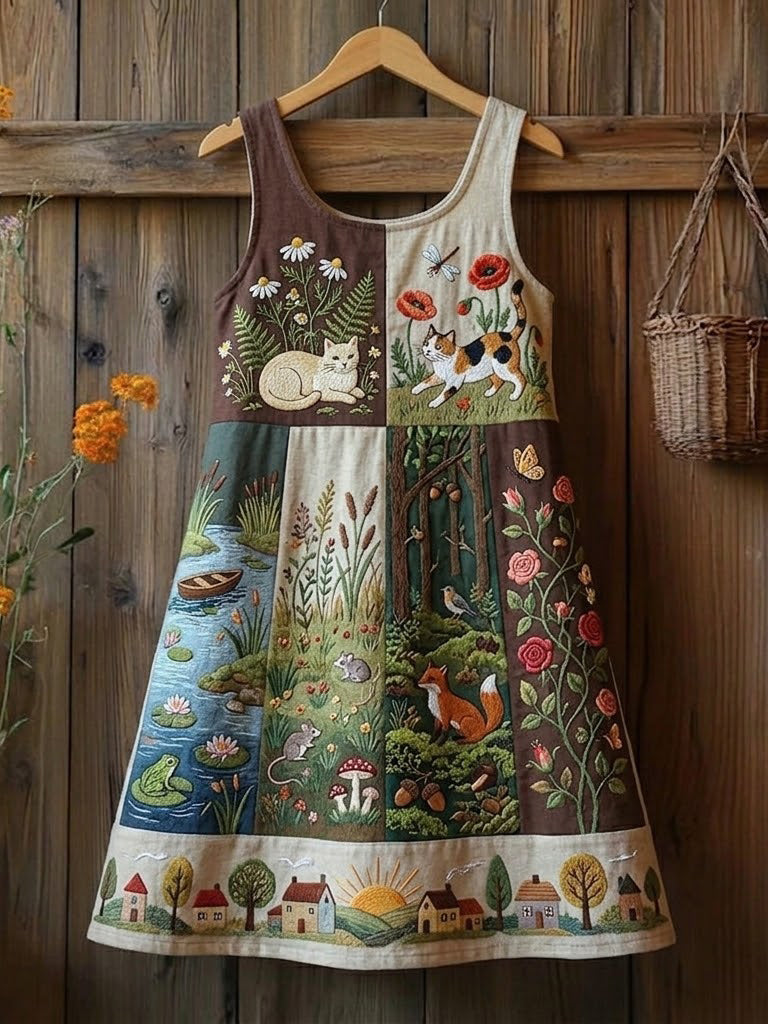 Women's Cat Flower Linen Patchwork Printed Dress