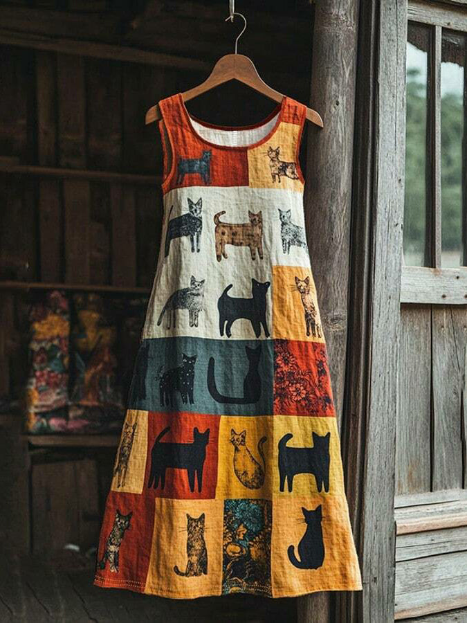 Women's Cat Flower Linen Patchwork Printed Dress