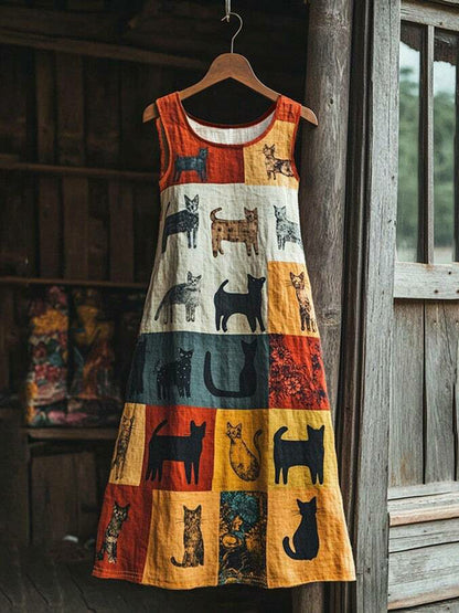 Women's Cat Flower Linen Patchwork Printed Dress
