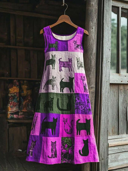 Women's Cat Flower Linen Patchwork Printed Dress