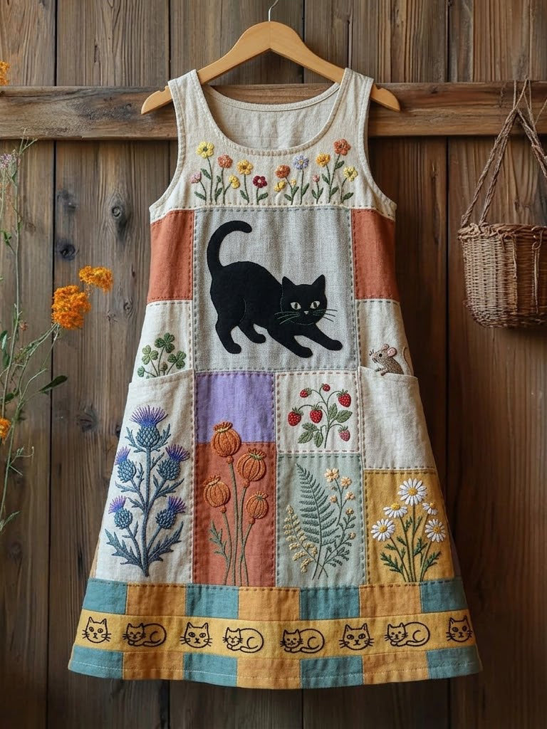 Women's Cat Flower Linen Patchwork Printed Dress