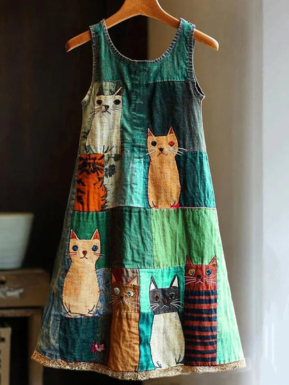Women's Cat Flower Linen Patchwork Printed Dress