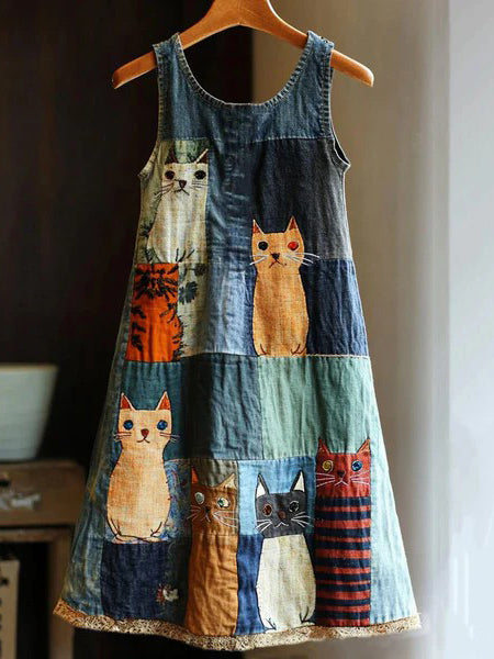 Women's Cat Flower Linen Patchwork Printed Dress