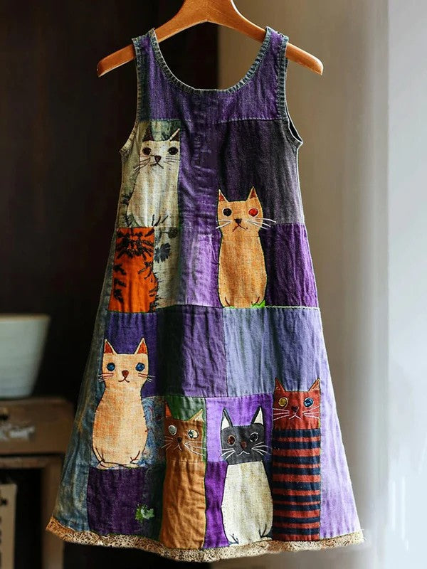 Women's Cat Flower Linen Patchwork Printed Dress