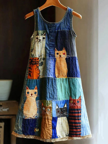 Women's Cat Flower Linen Patchwork Printed Dress