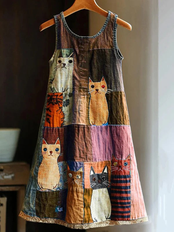 Women's Cat Flower Linen Patchwork Printed Dress