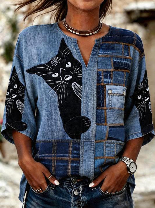 Women's Funny Black Cat Print Casual V-Neck Shirt