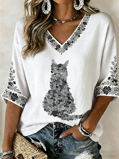 Women's Cat and Floral Print Mid-length Sleeves V-Neck T-Shirt