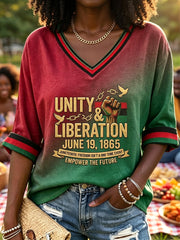 Women's Black Juneteenth Gradient Casual V-Neck T-Shirt