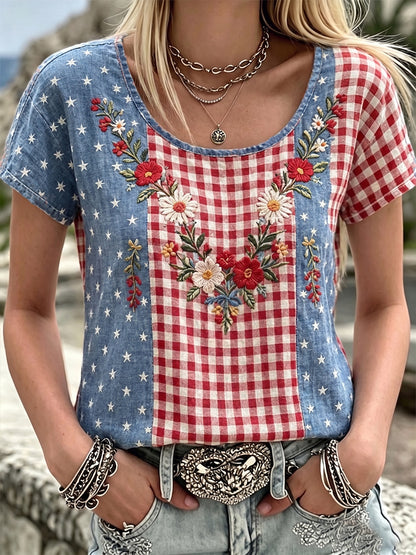 Women's Independence Day Anniversary Plaid Patchwork Flower Art  Linen Short-sleeve Top