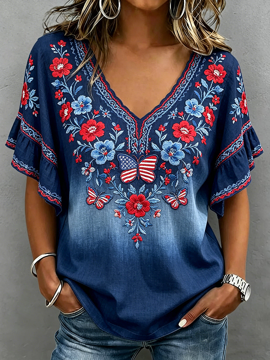 Women's Independence Day Printed V-neck Ruffle Sleeve T-shirt