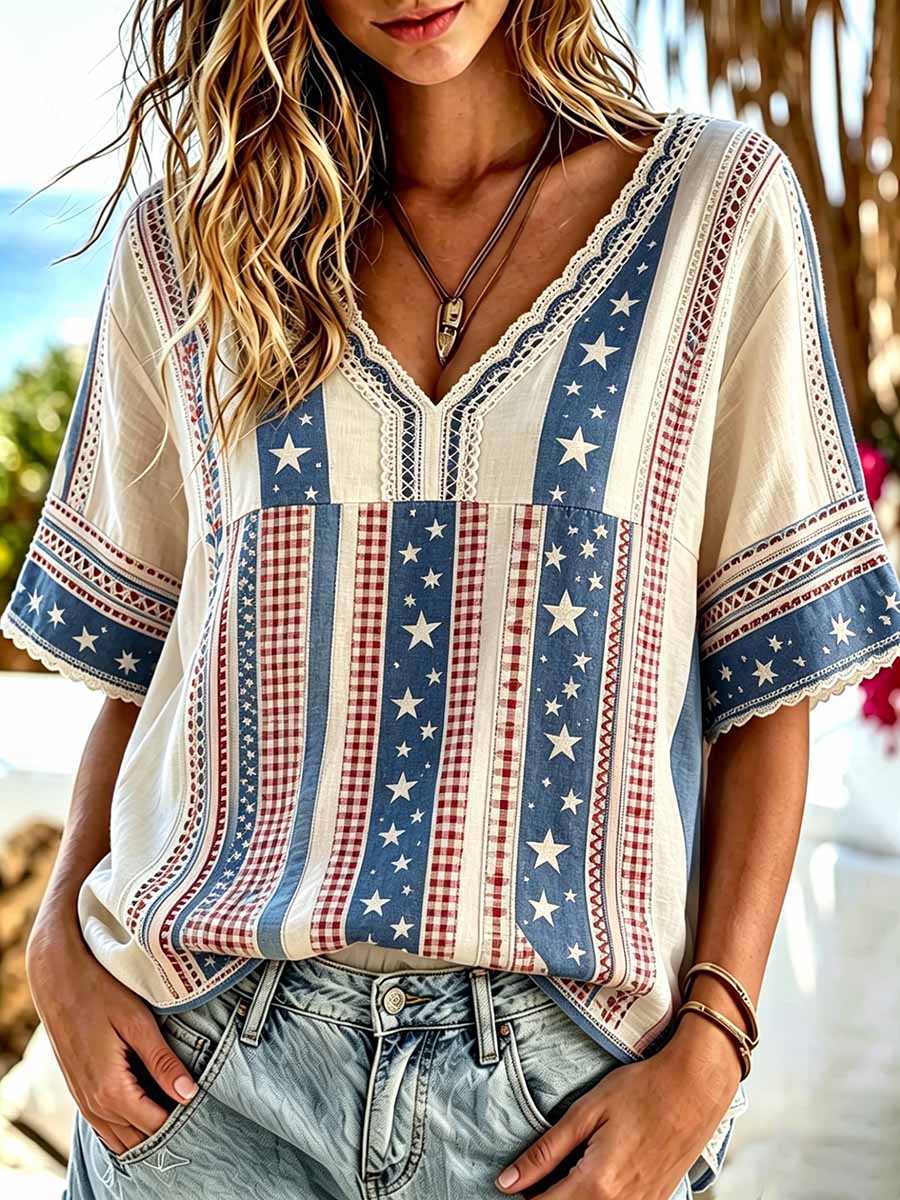 Women's Vintage Floral Collage Art American Commemorative Print Top