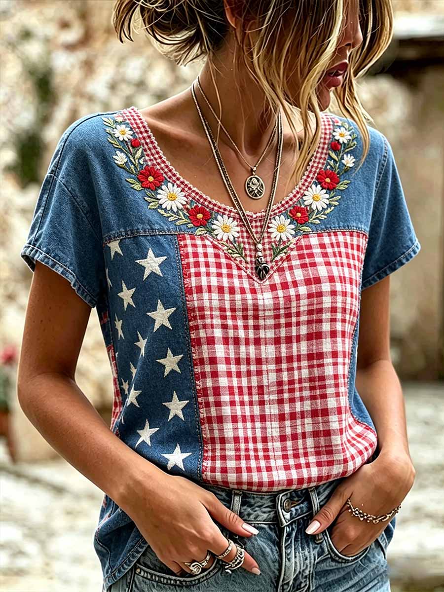 Women's Vintage Floral America Independence Day Print T-Shirt