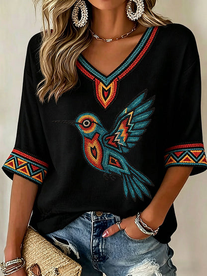 Women's Indigenous Hummingbird Art V-Neck Tops