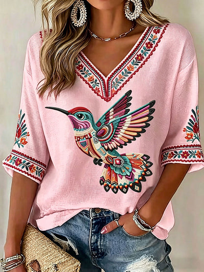 Women's Indigenous Hummingbird Art V-Neck Tops