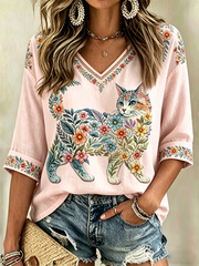 Women's Floral Cats Print Casual V-Neck Shirt