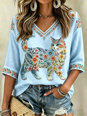 Women's Floral Cats Print Casual V-Neck Shirt