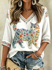 Women's Floral Cats Print Casual V-Neck Shirt