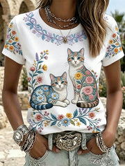 Women's Floral Cats Print Casual Tee