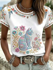 Women's Floral Cats Print Casual Tee