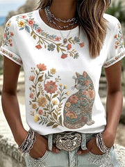 Women's Floral Cats Print Casual Tee