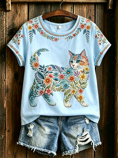 Women's Floral Cats Print Casual Tee