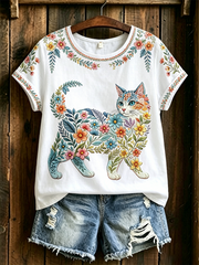 Women's Floral Cats Print Casual Tee