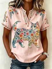 Women's Floral Cats Print Casual V-Neck Top