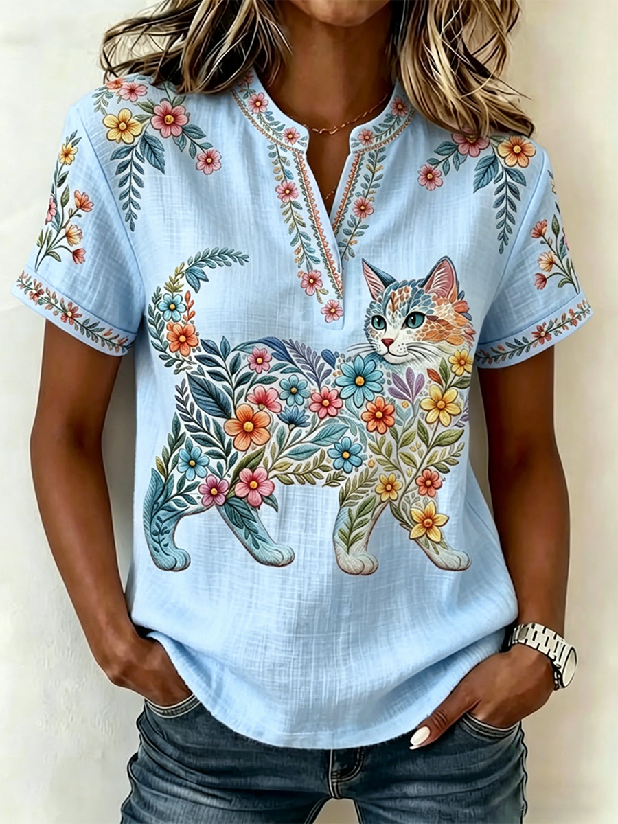 Women's Floral Cats Print Casual V-Neck Top