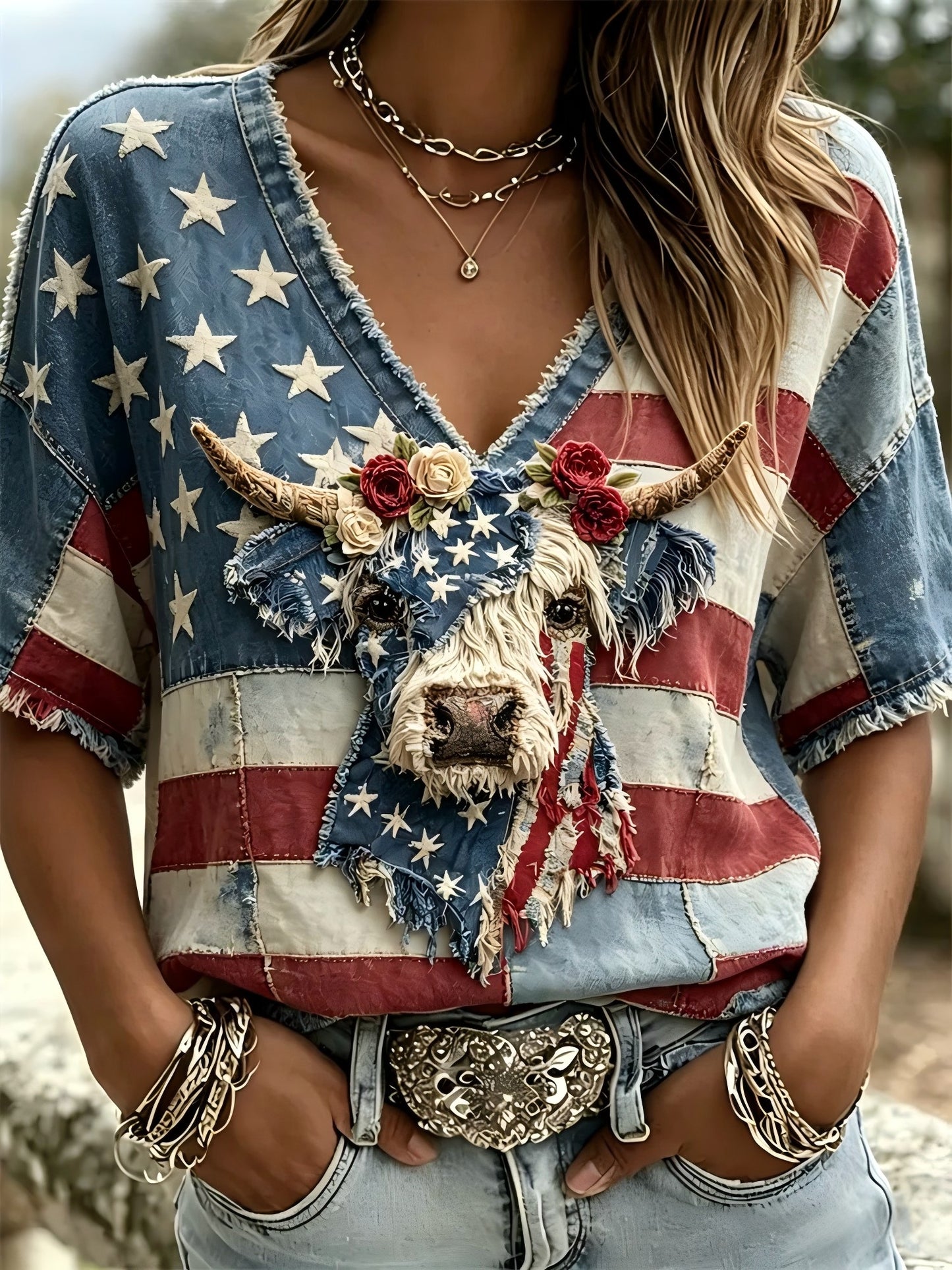 Women's Independence Day Animal Embroidery Print T-Shirt