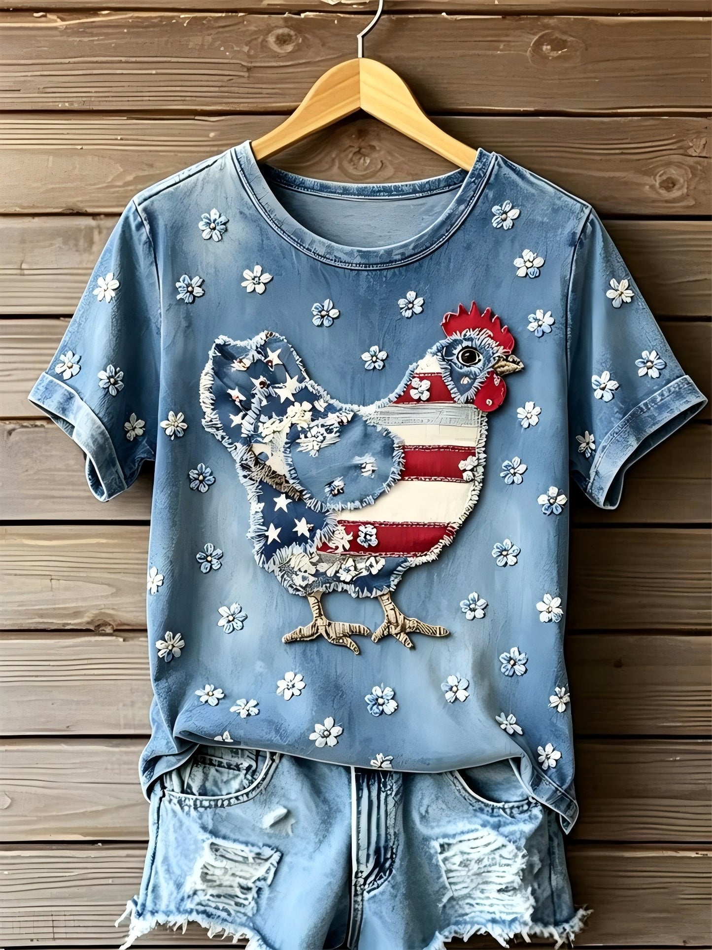 Women's Independence Day Animal Embroidery Print Short-Sleeve T-Shirt