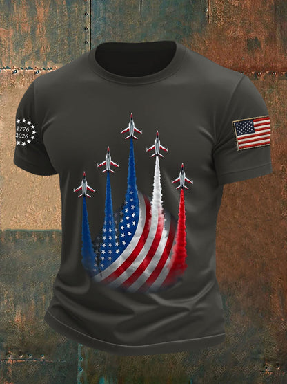 Men's Independence Day American Flag Jet Planes Print Casual Tee