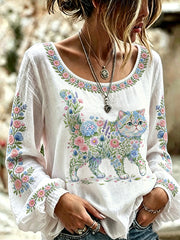 Women's Floral Cat Print Casual Long Sleeve Shirt