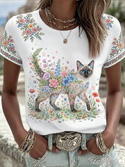 Women's Floral Cat Print Casual Tee
