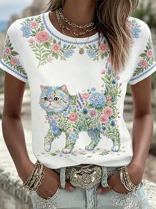 Women's Floral Cat Print Casual Tee