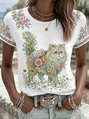 Women's Floral Cat Print Casual Tee