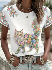 Women's Floral Cat Print Casual Tee
