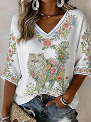 Women's Floral Cat Print Casual Half Sleeve Shirt