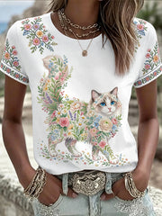 Women's Floral Cat Print Casual Tee