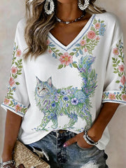 Women's Floral Cat Print Casual Half Sleeve Shirt