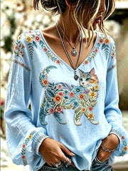 Women's Floral Cats Print Casual Long Sleeve V-Neck Top