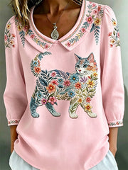 Women's Floral Cats Print Casual Top