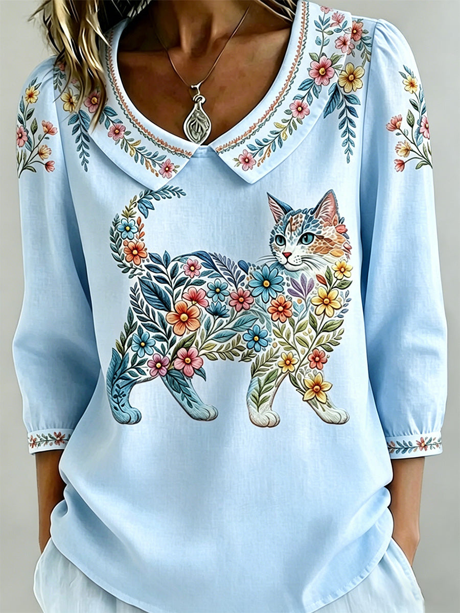 Women's Floral Cats Print Casual Top