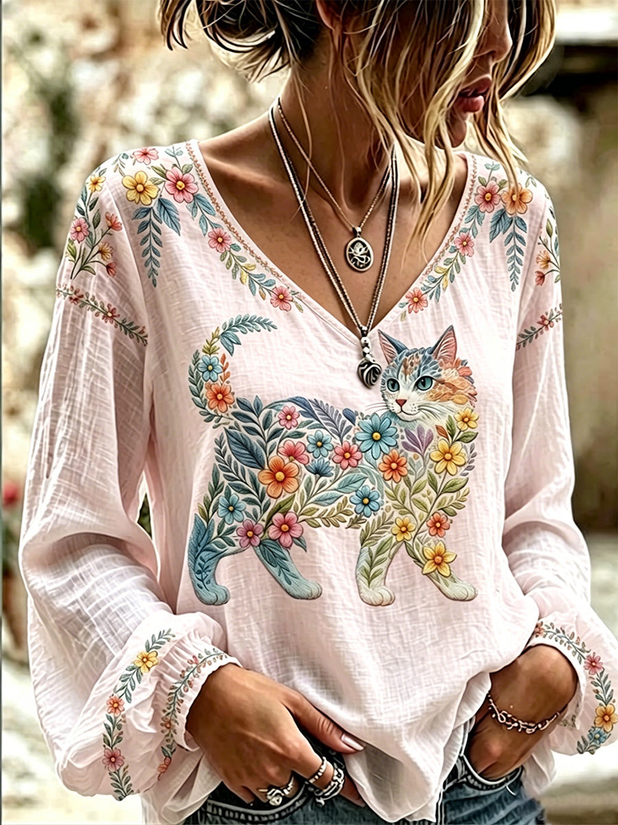 Women's Floral Cats Print Casual Long Sleeve V-Neck Top
