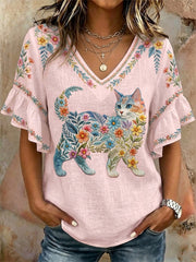 Women's Floral Cats Print Casual V-Neck Top