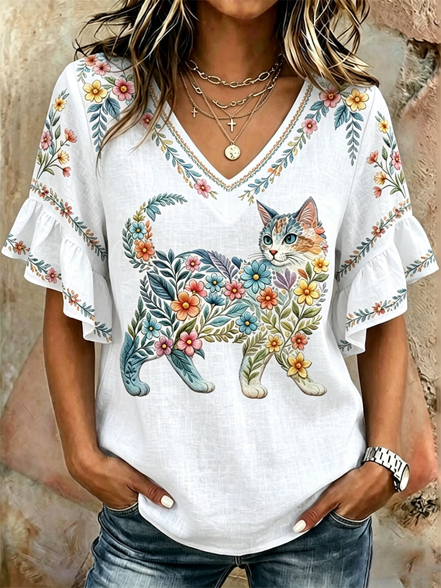 Women's Floral Cats Print Casual V-Neck Top