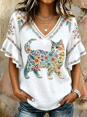 Women's Floral Cats Print Casual V-Neck Top