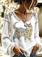 Women's Floral Cats Print Casual Long Sleeve V-Neck Top