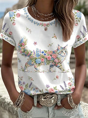 Women's Floral Cats Print Casual Tee